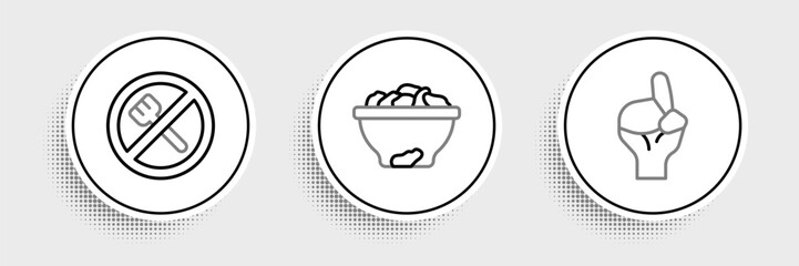 Set line Hands in praying position, Ramadan fasting and Date fruit bowl icon. Vector