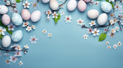 Easter eggs and spring flowers on blue background. Top view.