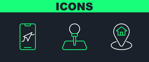 Set line Location with house, City map navigation and Push pin icon. Vector