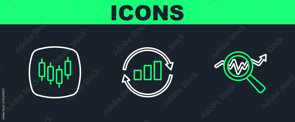 Poster set line search data analysis, browser with stocks market and graph chart infographic icon. vector