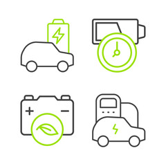 Set line Electric car, Eco nature leaf battery, Battery charge and  icon. Vector