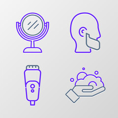 Fototapeta premium Set line Shaving foam on hand, Electric razor blade, Mustache beard and Hand mirror icon. Vector
