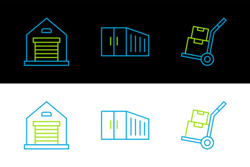 Set line Hand truck and boxes, Warehouse and Container icon. Vector