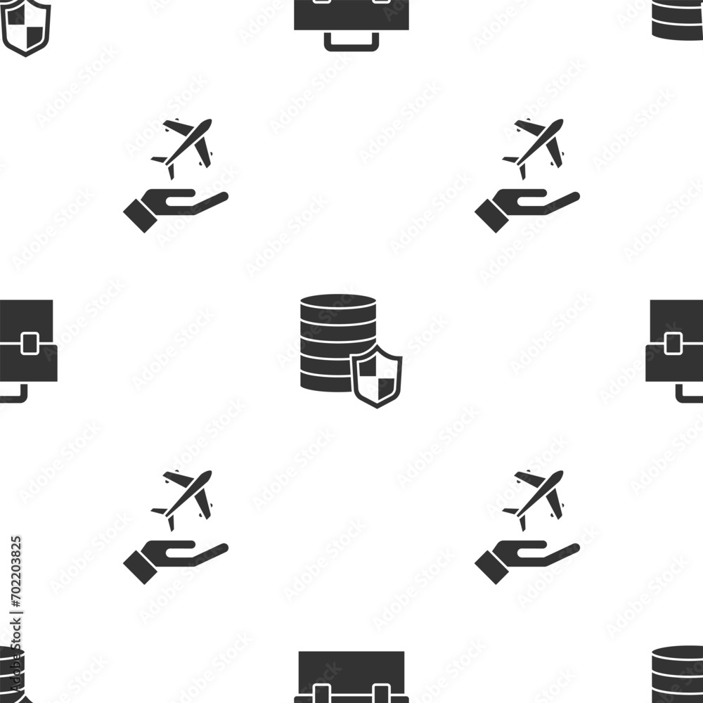 Poster set briefcase, money with shield and plane in hand on seamless pattern. vector