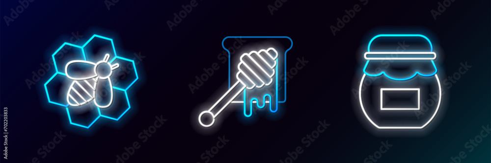 Poster set line jar of honey, bee and honeycomb and honey dipper stick with dripping icon. glowing neon. ve