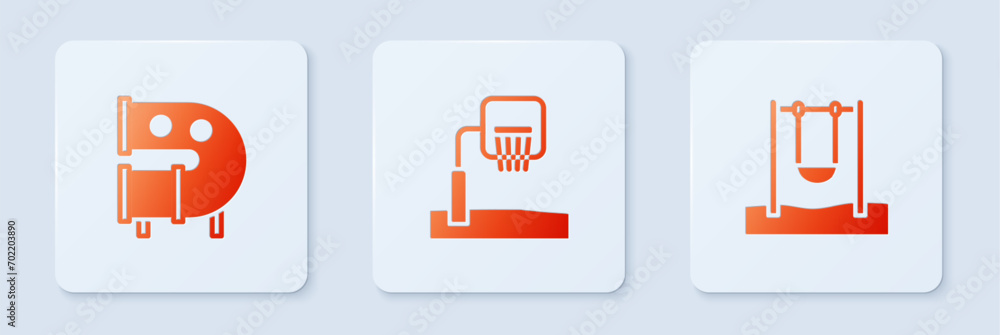 Poster set basketball backboard, kid playground slide pipe and swing. white square button. vector