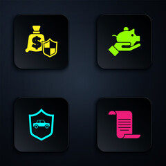 Obraz premium Set Document with shield, Money, Car and Piggy bank in hand. Black square button. Vector