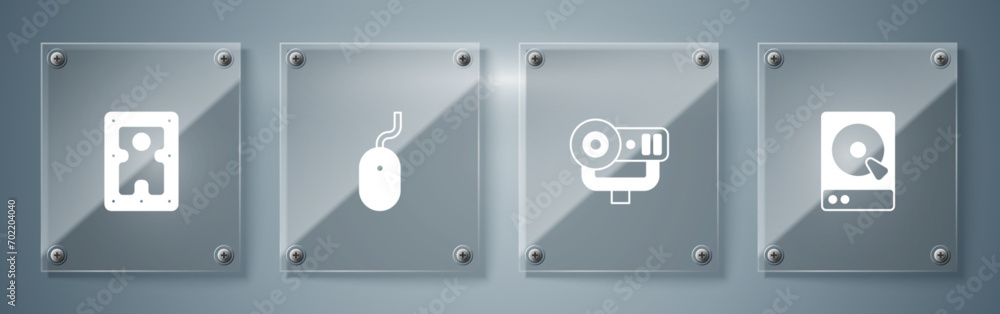Poster set hard disk drive hdd, web camera, computer mouse and . square glass panels. vector