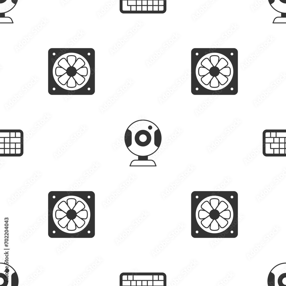Poster set keyboard, web camera and computer cooler on seamless pattern. vector