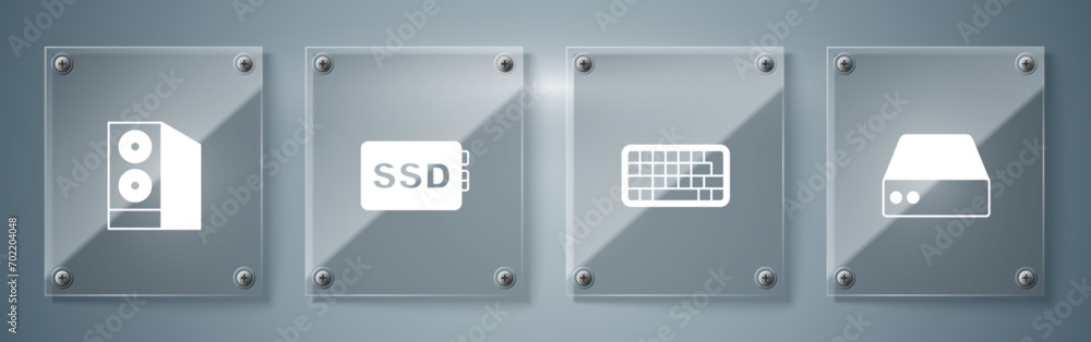Poster set server, data, web hosting, keyboard, ssd card and case of computer. square glass panels. vector