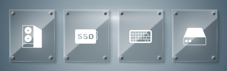 Set Server, Data, Web Hosting, Keyboard, SSD card and Case of computer. Square glass panels. Vector