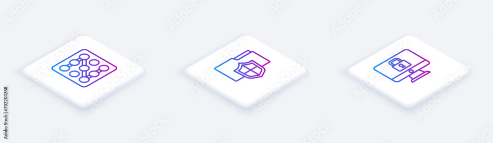 Poster set isometric line graphic password protection, document folder and lock monitor. white square butto