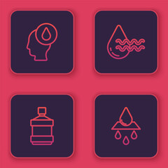 Set line Water drop, Big bottle with clean water, Recycle aqua and . Blue square button. Vector