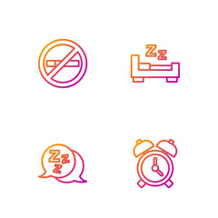 Set line Alarm clock, Sleepy, No Smoking and Time to sleep. Gradient color icons. Vector