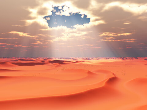 Wolkenlücke mit Sonnenstrahlen über einer Sandwüste