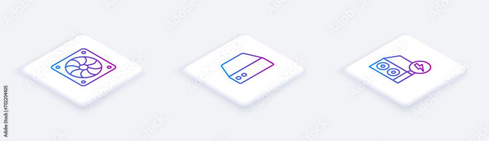 Poster set isometric line computer cooler, server, data, web hosting and case of computer. white square but