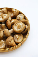 Fresh shiitake mushrooms on white background.