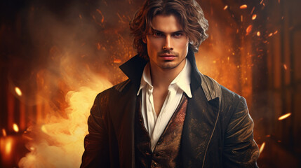Fototapeta premium Illustration of fantasy character, ideal for novel book cover. Portrait, Man fire