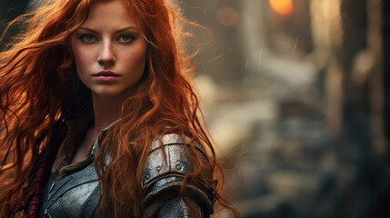 Illustration of fantasy character, ideal for novel book cover. Redhead Female Warrior portrait