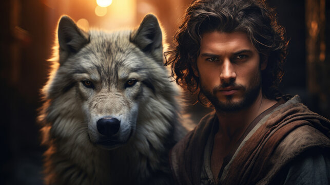 Illustration of fantasy character, ideal for novel book cover. man, wolf, werewolf forest