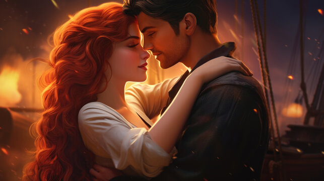 Naklejki Illustration of fantasy character, ideal for novel book cover. Redhead Woman and Man Love captain