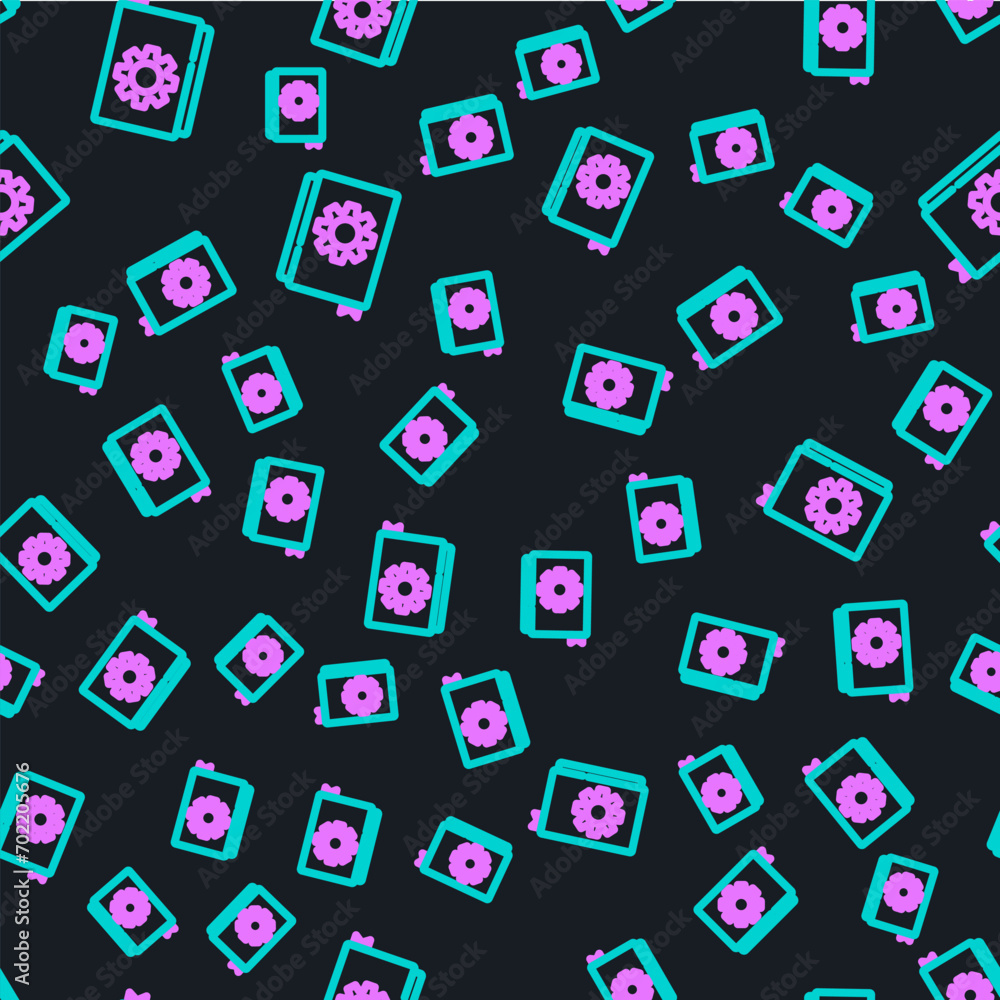 Poster line user manual icon isolated seamless pattern on black background. user guide book. instruction si
