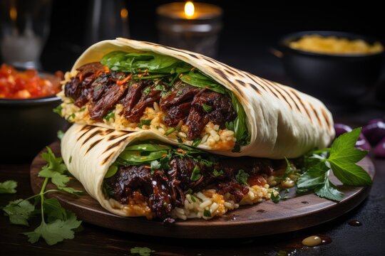 Shawarma In Pita Flat Bread On Black Wooden Table With Tahini And Harissa Sauces. Ramadan Food Concept. Side View. Turkish Shawarma Durum Traditional Sish Shabab Wrap and Kofte