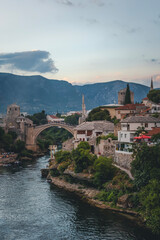 Historical Mostar Old town, Bosnia and Herzegovina, view of the Stari Most bridge, Neretva river in...