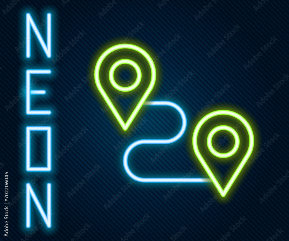 Poster glowing neon line route location icon isolated on black background. map pointer sign. concept of pat