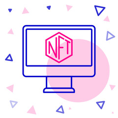 Line Monitor with art store app icon isolated on white background. Technology of selling NFT tokens for cryptocurrency. Non fungible token concept. Colorful outline concept. Vector