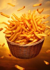 French fries chips in basket on table, street junk food, oktoberfest. Generative Ai