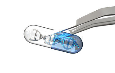DNA inside a capsule with tweezers on transparent background, PNG file
