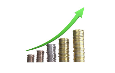 The green arrow goes up the Stacks of coins arranged in a bar graph, Finance and business concept on transparent background, PNG file

