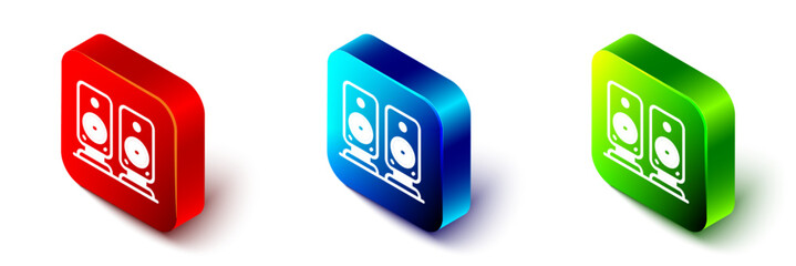 Isometric Stereo speaker icon isolated on white background. Sound system speakers. Music icon. Musical column speaker bass equipment. Red, blue and green square button. Vector
