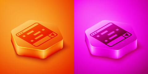 Isometric New chat messages notification on laptop icon isolated on orange and pink background. Smartphone chatting sms messages speech bubbles. Hexagon button. Vector
