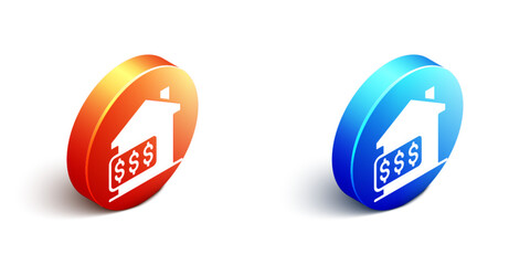 Isometric House with dollar symbol icon isolated on white background. Home and money. Real estate concept. Orange and blue circle button. Vector