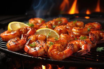Grilled tiger shrimps with spice and lemon. Grilled seafood.
