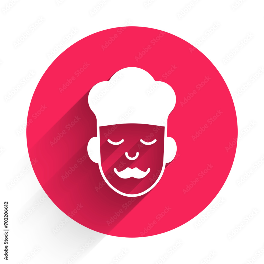 Poster white cook icon isolated with long shadow background. chef symbol. red circle button. vector