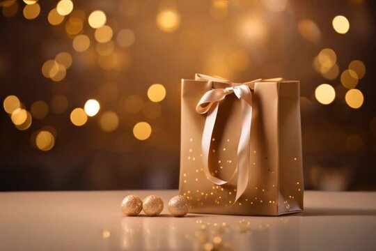 Gift box with gold bow on bokeh lights background.	