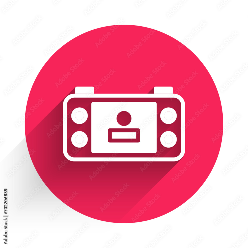Poster white portable video game console icon isolated with long shadow background. handheld console gaming