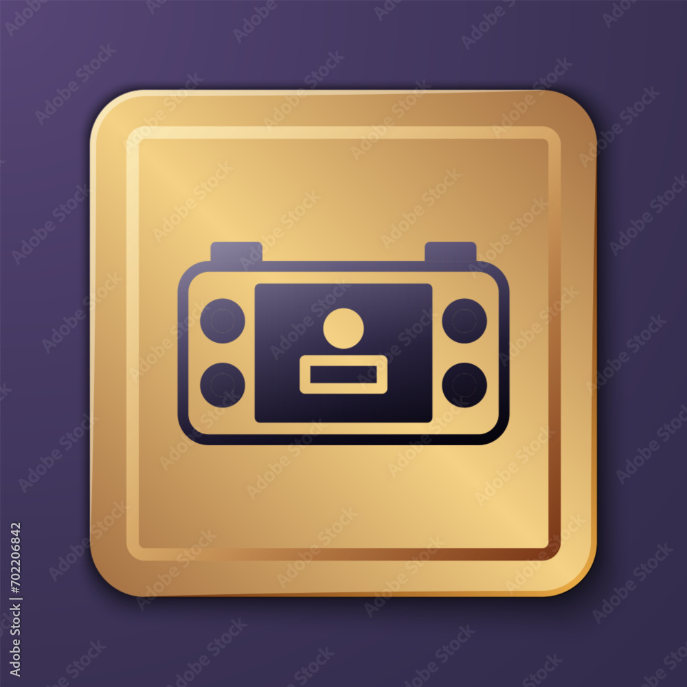 Poster purple portable video game console icon isolated on purple background. handheld console gaming. gold