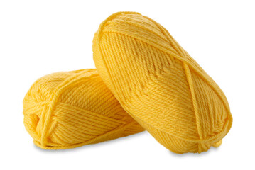 Balls of yellow-colored wool yarn isolated on white with clipping path included - obrazy, fototapety, plakaty