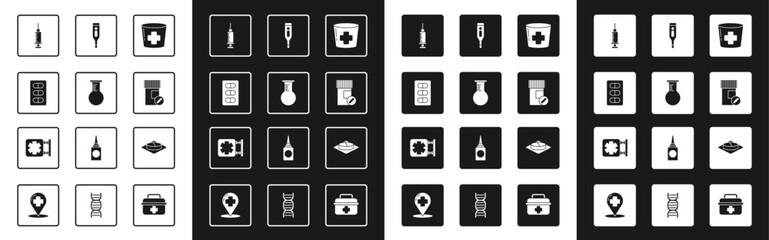 Set Nurse hat with cross, Test tube and flask, Pills in blister pack, Syringe, Medicine bottle pills, Medical digital thermometer, or tablet and symbol of Emergency icon. Vector