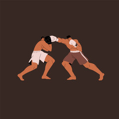 Fototapeta na wymiar Box fight. Professional boxers in boxing gloves training techniques, sparring. Strong fighter punches sport competitor. Battle, competition of martial art sportsmen. Flat isolated vector illustration