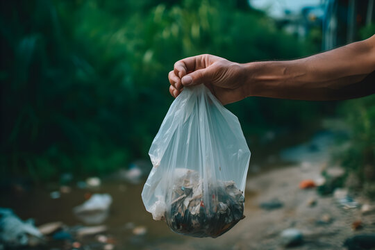 Volunteer Hand Holding Plastic Bag With Garbage In Nature Background.