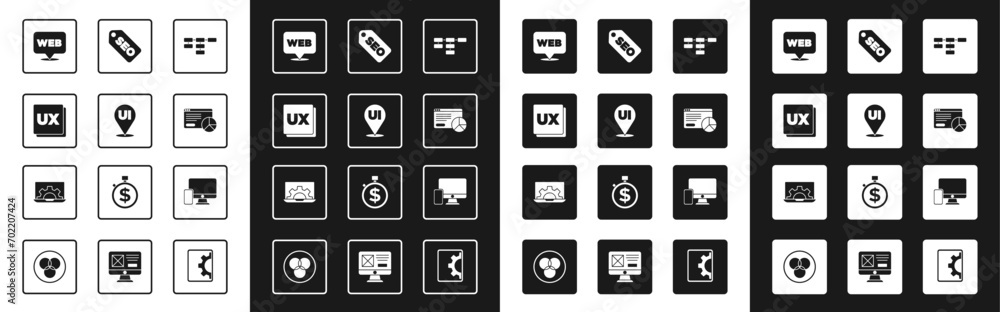Poster set site map, ui or ux design, web and graphic, website statistic, seo optimization, monitor mobile 