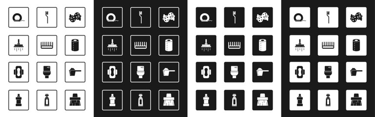 Set Sponge, Hairbrush, Shower head, Dental floss, Paper towel roll, Toothbrush, Washing powder and Sanitary napkin icon. Vector