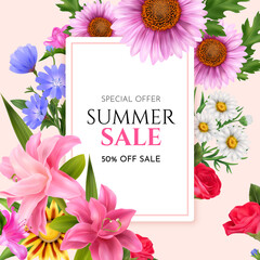 Realistic floral advertising composition for summer sale with colorful blossom flowers