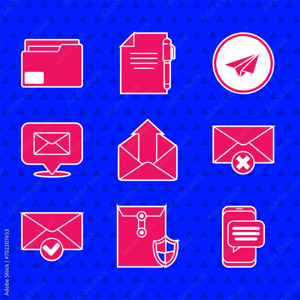 Poster set outgoing mail, envelope with shield, chat messages notification on phone, delete envelope, and c