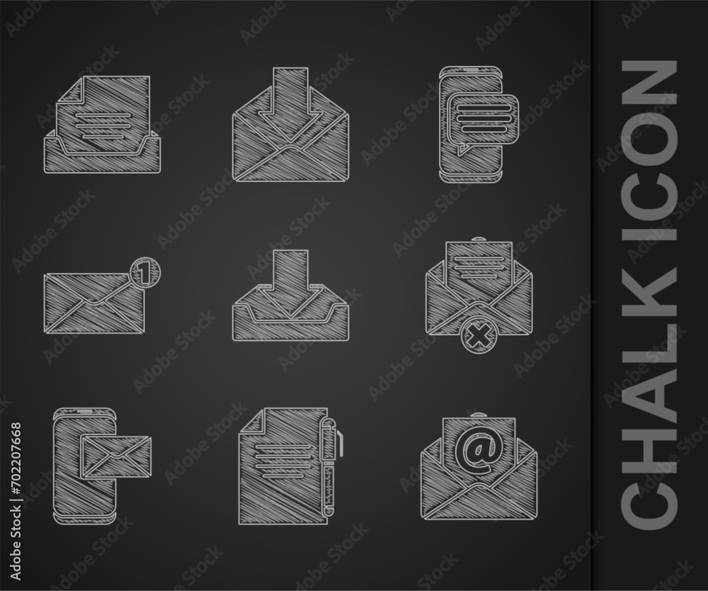 Poster set download inbox, document and pen, mail e-mail, delete envelope, mobile, envelope, chat messages 